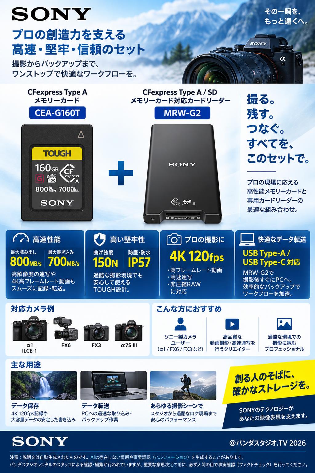 SONY CFexpress Type Aメモリーカード CEA-G160T ILCE-1対応 TOUGH 160GB ＋ SONY CFexpress Type A / SDメモリーカード対応 カードリーダー MRW-G2 USB-A / USB-C 概要