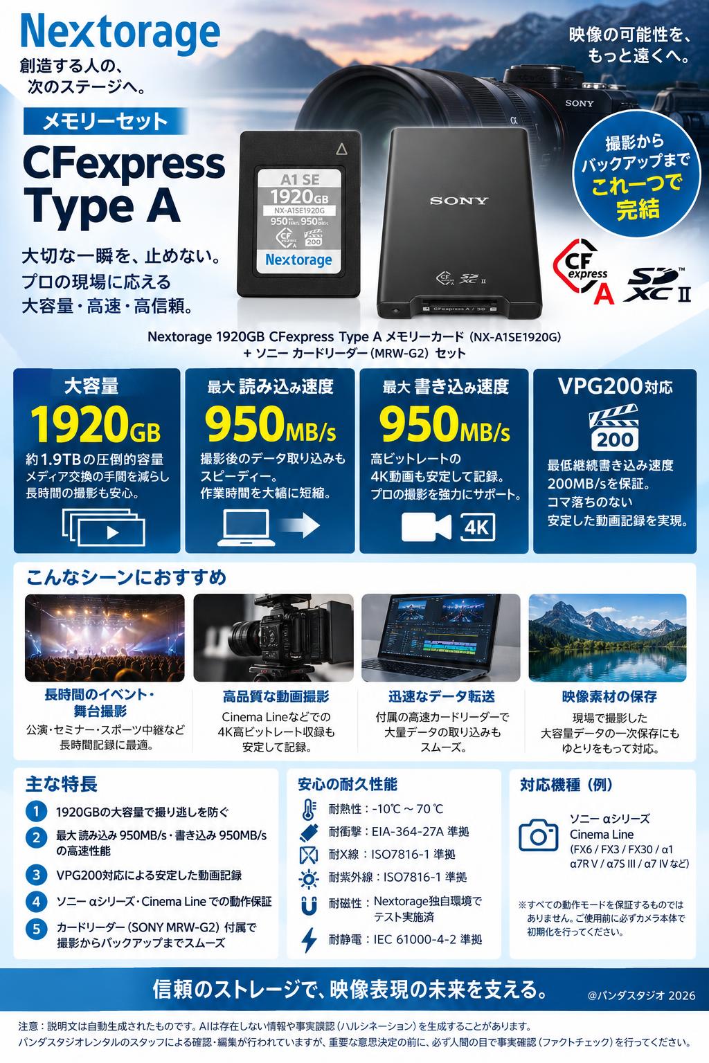 【メモリーセット CFexpress Type A  1920GB】Nextorage 1920GB CFexpress Type A VPG200 メモリーカード NX-A1SEシリーズ 読み：950MB/s 書き：950MB/s NX-A1SE1920G/INE ソニー αシリーズ動作保証 概要
