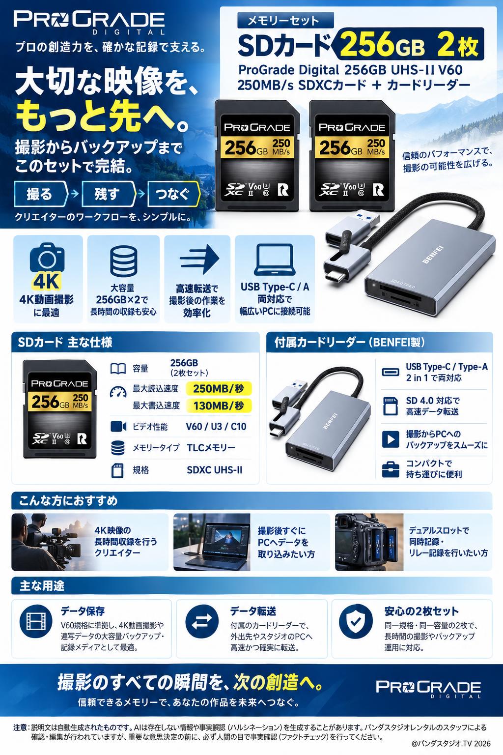 【メモリーセット SDカード 256GB 2枚】ProGrade Digital 256GB UHS-II V60 250MB/s SDXCカード ＋ カードリーダー 概要