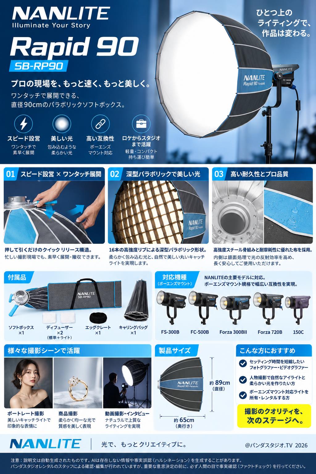NANLITE Rapid 90 SB-RP90 FS-300B/FC-500B/Forza 300BII/Forza 720B/150C 対応 パラボリックソフトボックス 90cm [ボーエンズマウント] 概要