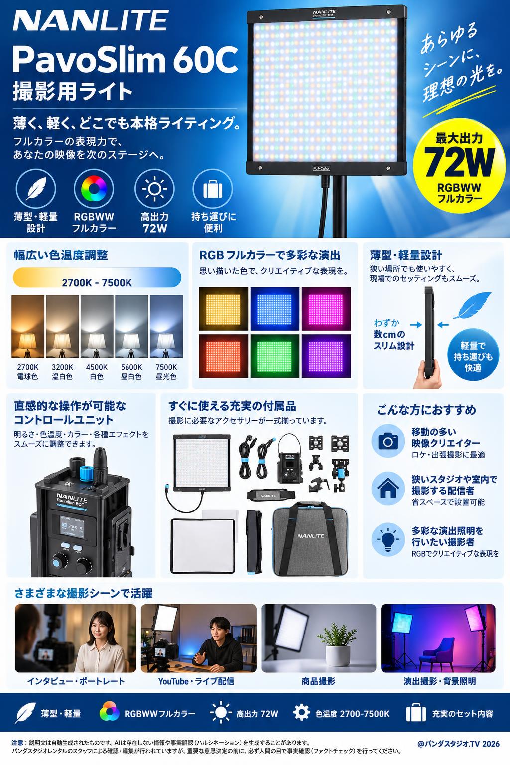 NANLITE PavoSlim 60C 撮影用ライト 72W RGBWW フルカラー パネル