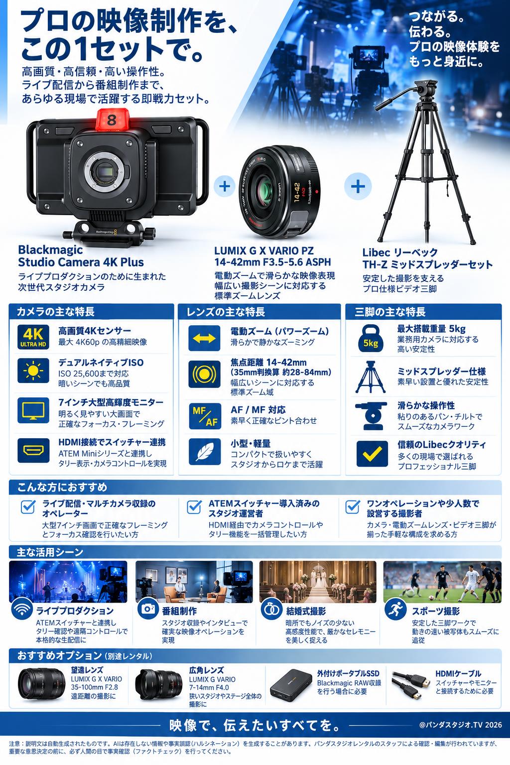 Blackmagic Studio Camera 4K Plus・ LUMIX G X VARIO PZ 14-42mm F3.5-5.6 ASPH・Libec リーベック TH-Z ミッドスプレッダーセット 概要