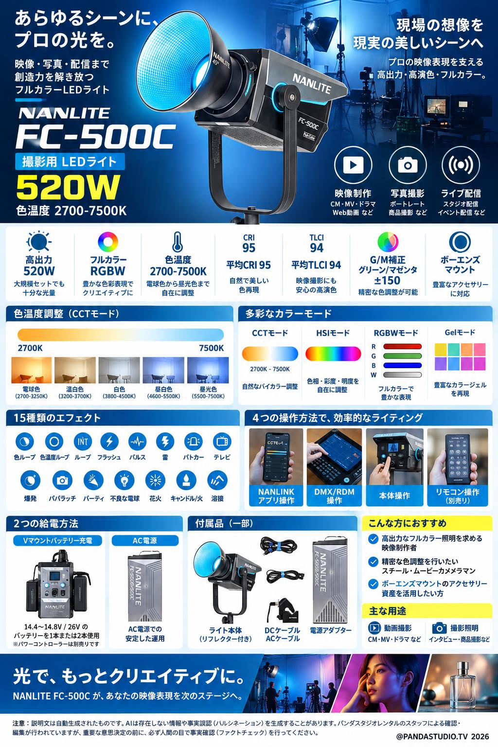 NANLITE FC-500C 撮影用LEDライト520W 色温度2700-7500K 概要