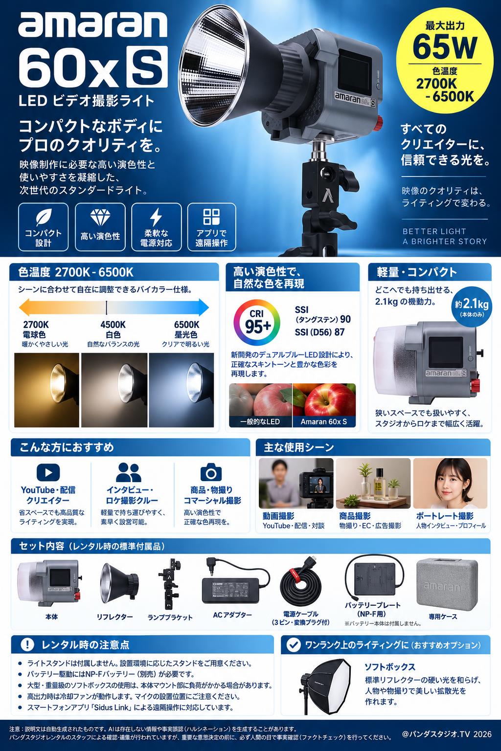 Amaran 60x S LED ビデオ 撮影 ライト 65W 色温度2700-6500k 概要
