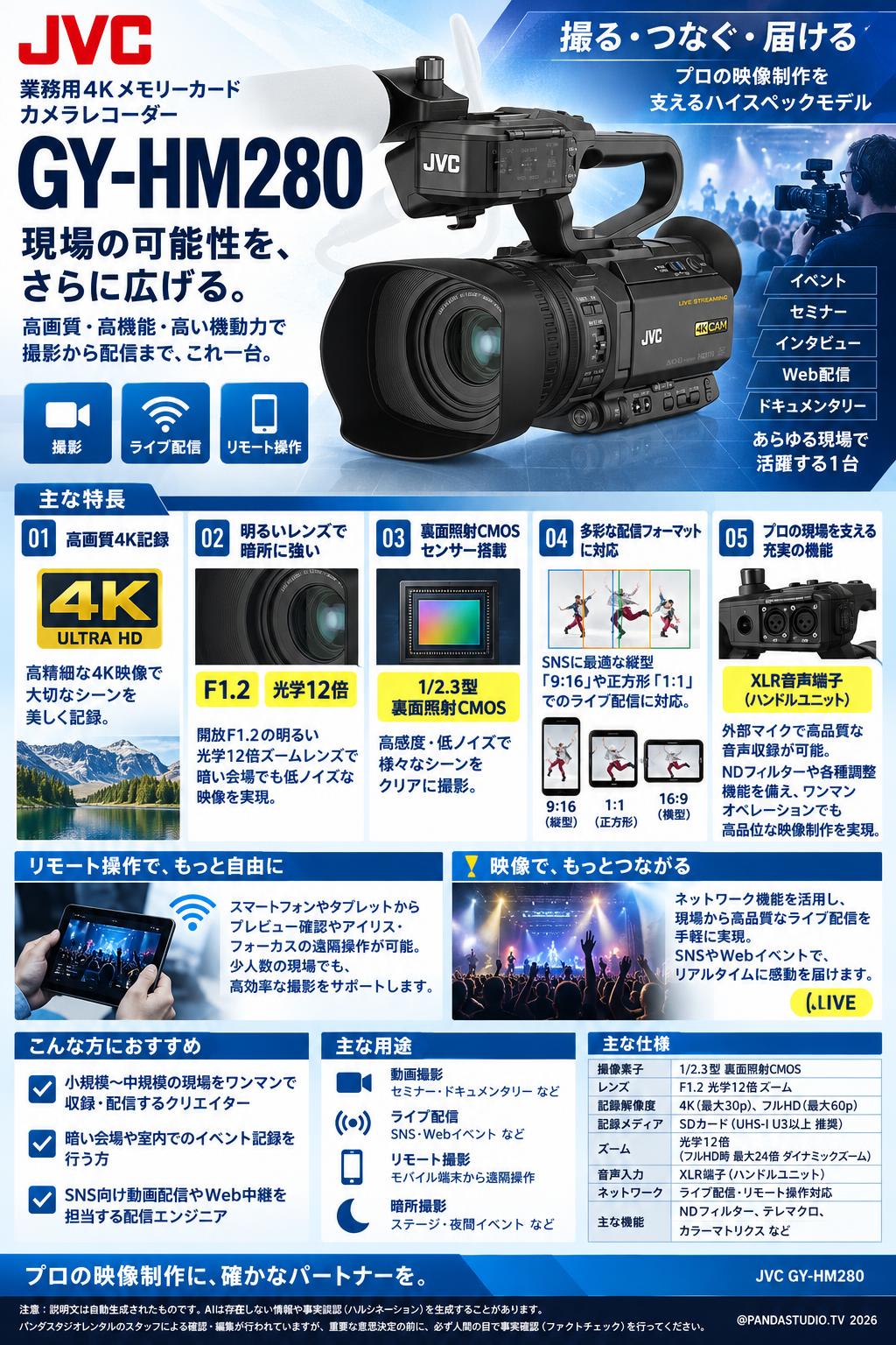 JVC GY-HM280 業務用4Kメモリーカードカメラレコーダー | パンダ