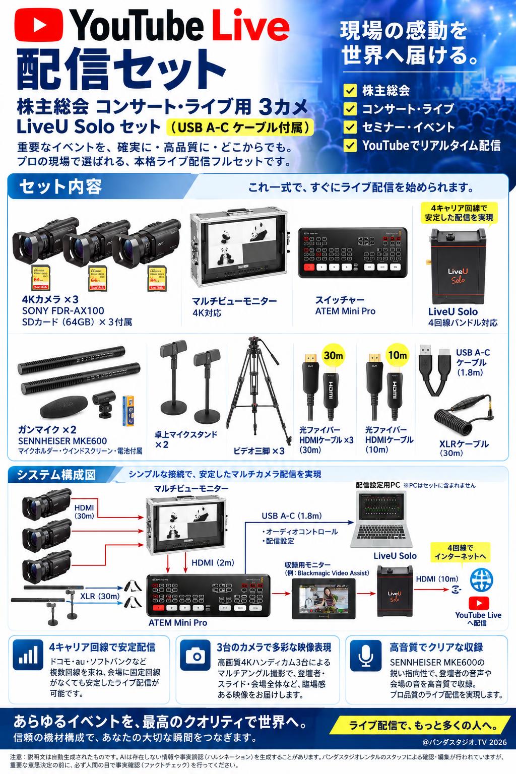 YoutubeLive配信セット 株主総会 コンサート・ライブ用3カメ LiveU Solo セット（USB A-C ケーブル付属） 概要