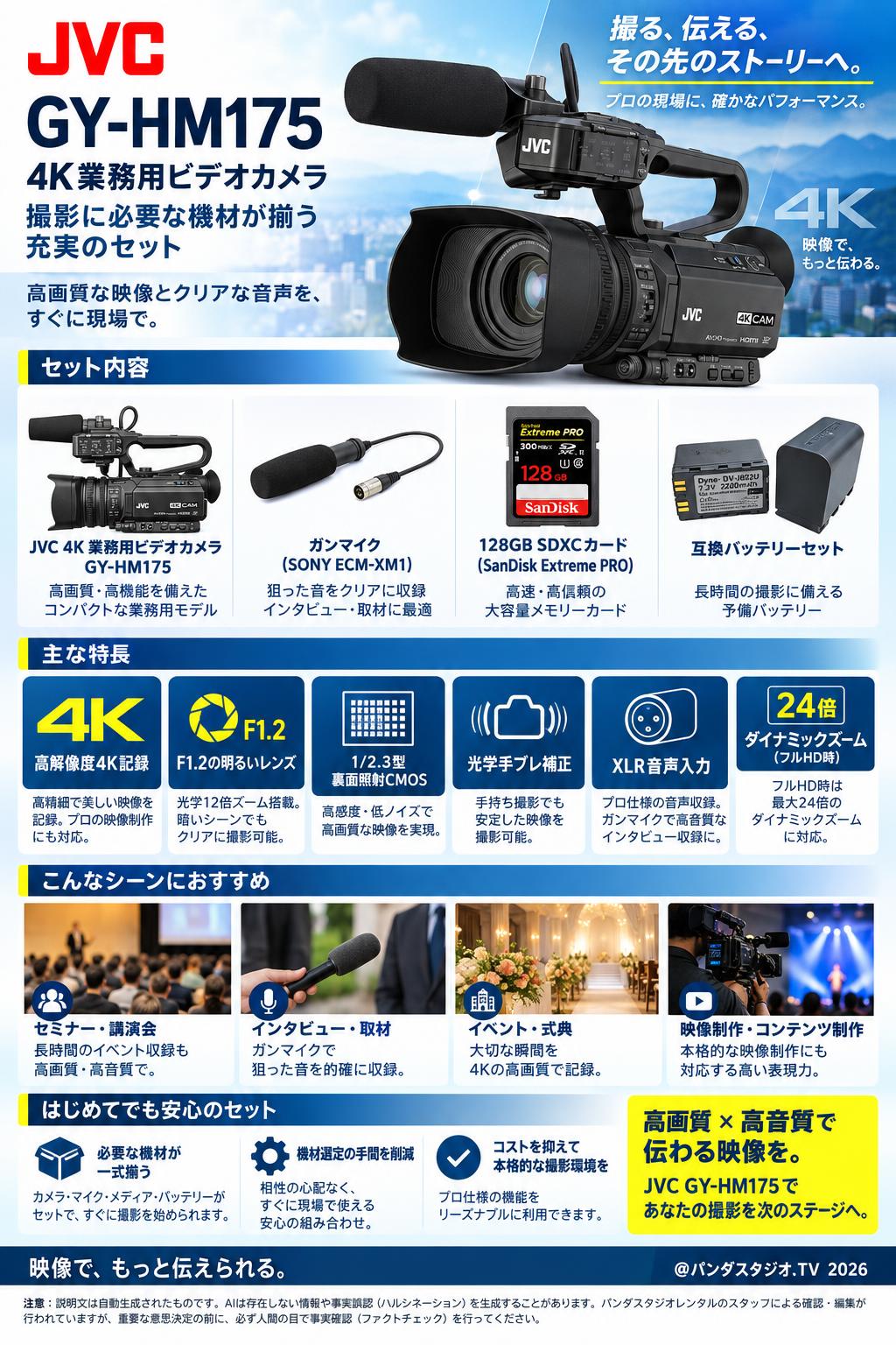 JVC 4K GY-HM175 / ガンマイク / 128GB SDXCカード / 互換バッテリーセット 概要