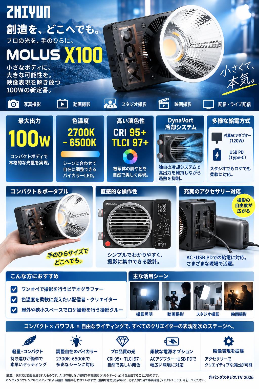 ZHIYUN 【MOLUS X100】撮影ライト 2700-6500K 100W 概要