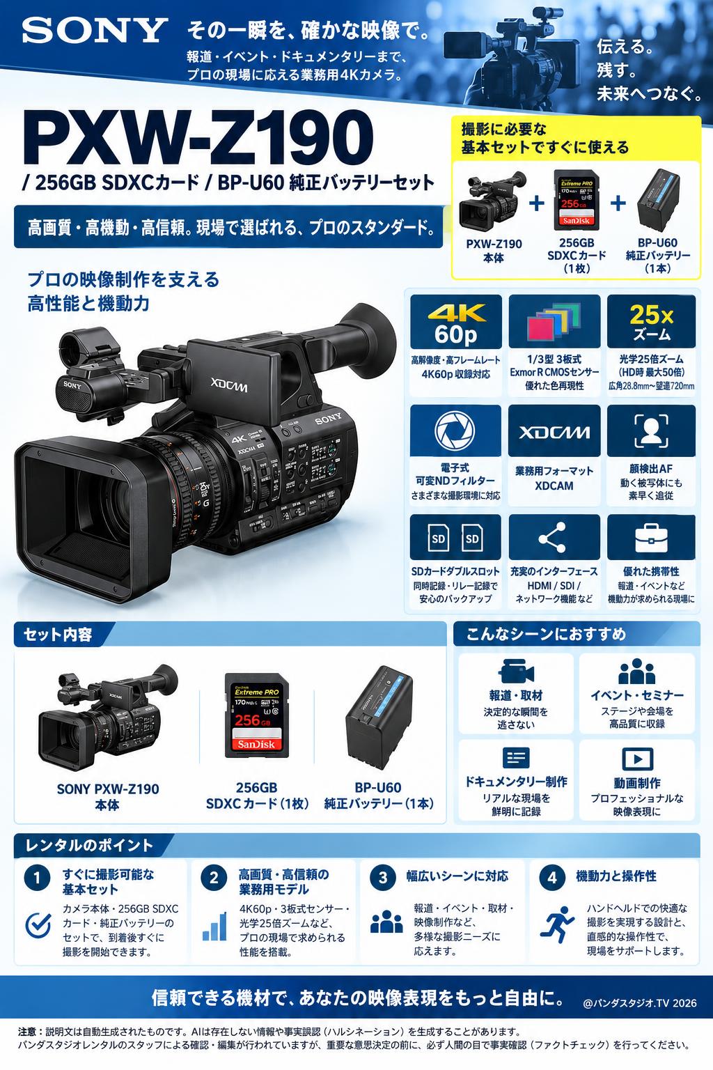 SONY PXW-Z190 / 256GB SDXCガード / BP-U60 純正バッテリーセット 概要