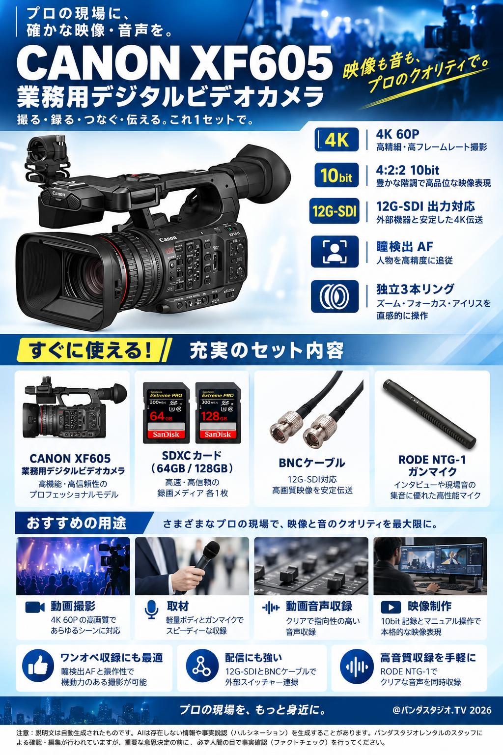 CANON XF605 業務用デジタルビデオカメラ / SDXCカード【64GB / 128GB 】/ BNCケーブル / ガンマイク NTG-1セット 概要