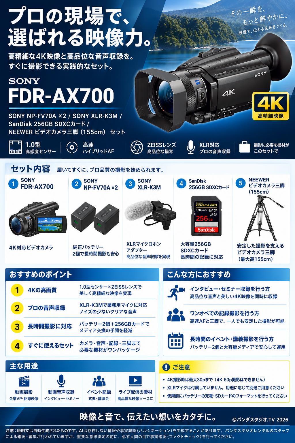 SONY FDR-AX700 / SONY NP-FV70A×2 / SONY XLR-K3M / SanDisk 256GB SDXCカード/NEEWER ビデオカメラ三脚(155cm)セット 概要