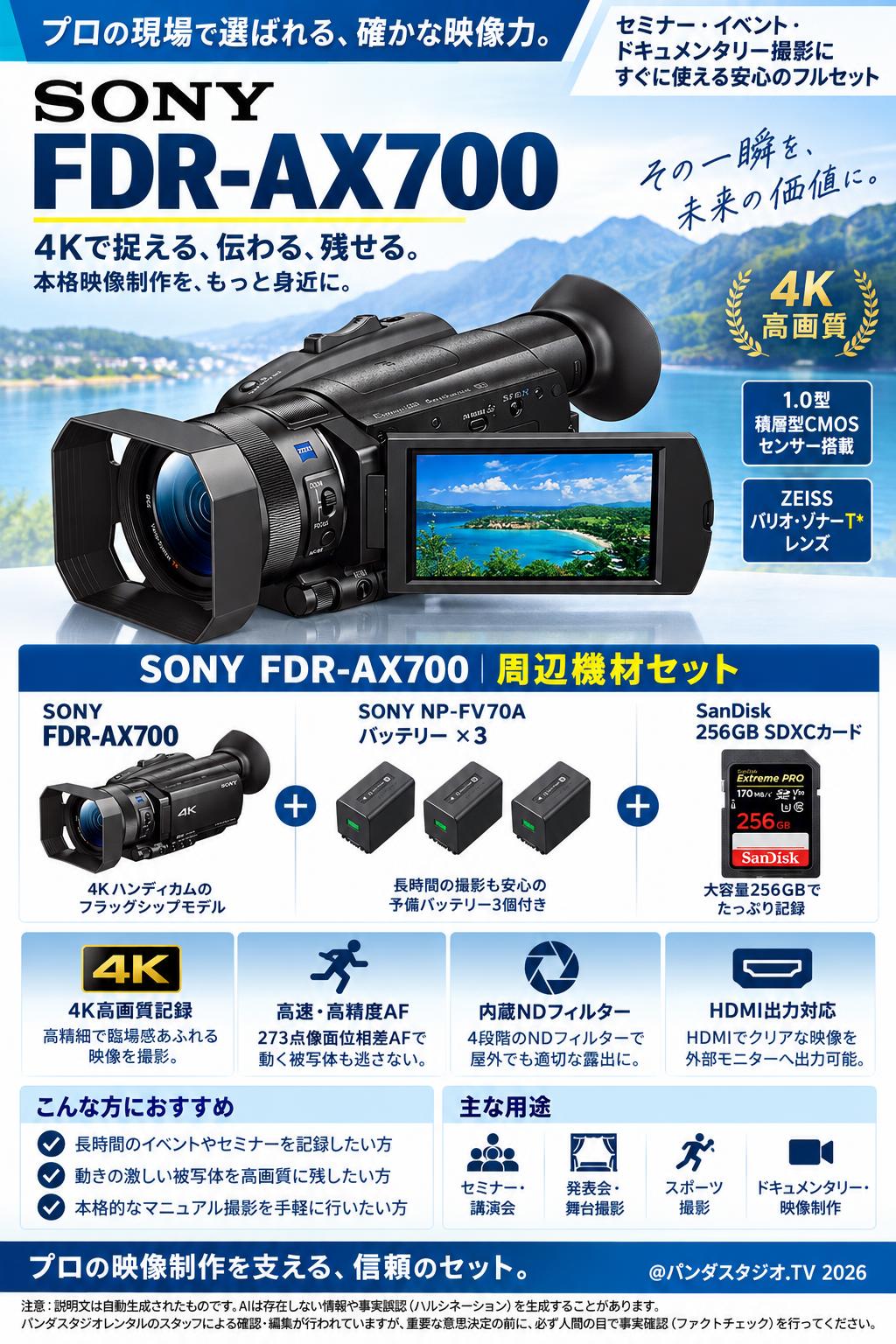 SONY FDR-AX700 / SONY NP-FV70A×3 / SanDisk 256GB SDXCカードセット 概要