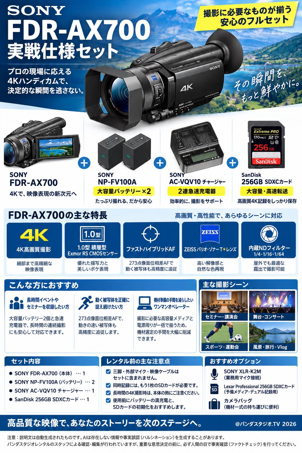 SONY FDR-AX700 / SONY NP-FV100A / SONY AC-VQV10 チャージャー / SanDisk 256GB SDXCカードセット 概要