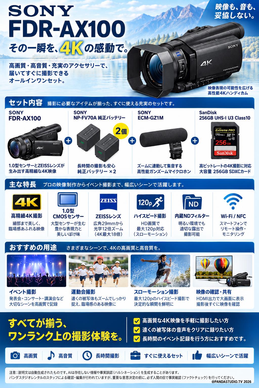 SONY FDR-AX100 / NP-FV70A 純正バッテリー2個 / SONY ECM-GZ1M / SanDisk 256GB UHS-I U3 Class10セット 概要