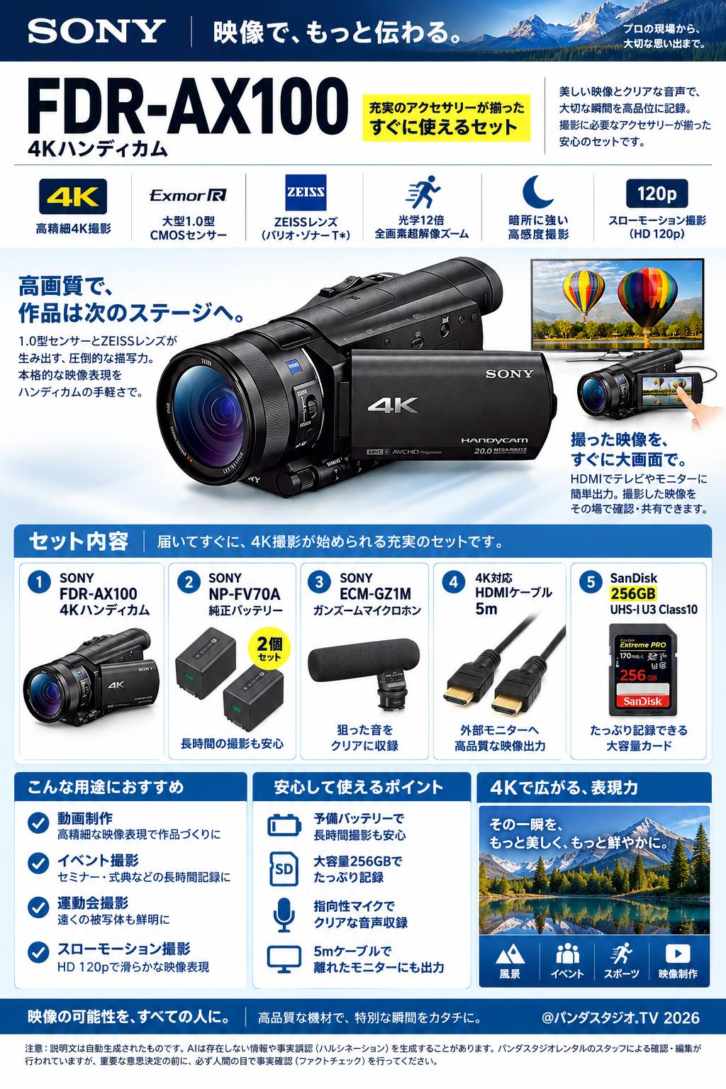 SONY FDR-AX100 / NP-FV70A 純正バッテリー2個 / SONY ECM-GZ1M / 4K HDMIケーブル 5m / SanDisk 256GB UHS-I U3 Class10セット 概要