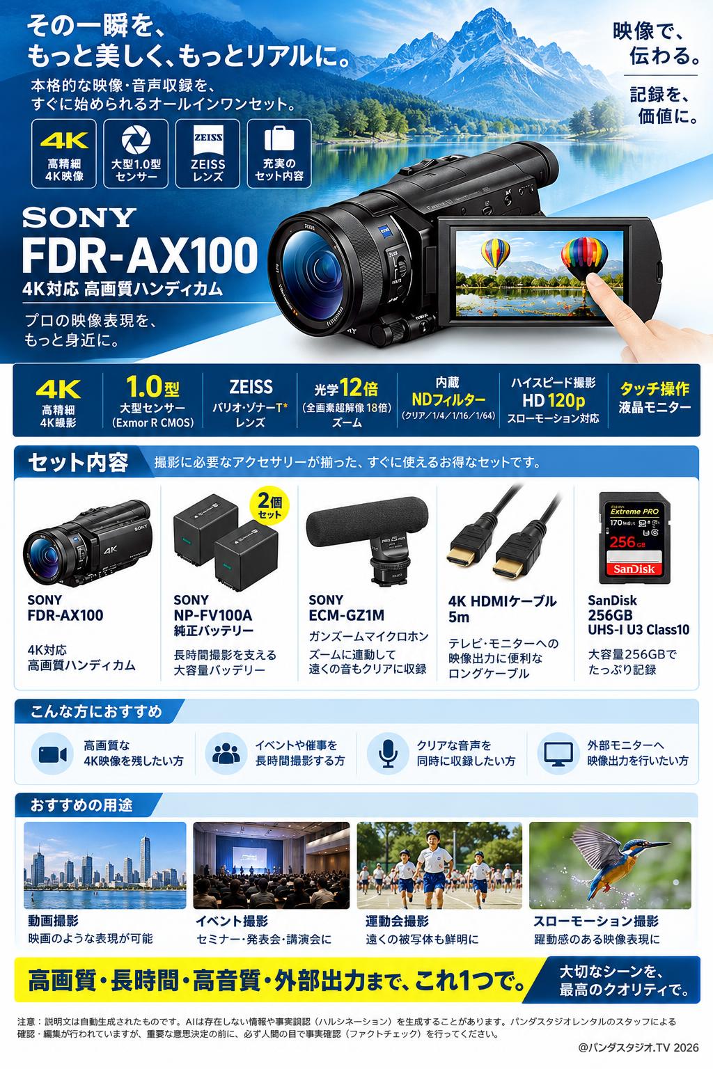SONY FDR-AX100 / NP-FV100A 純正バッテリー2個 /SONY ECM-GZ1M / 4K HDMIケーブル 5m / SanDisk 256GB UHS-I U3 Class10セット 概要