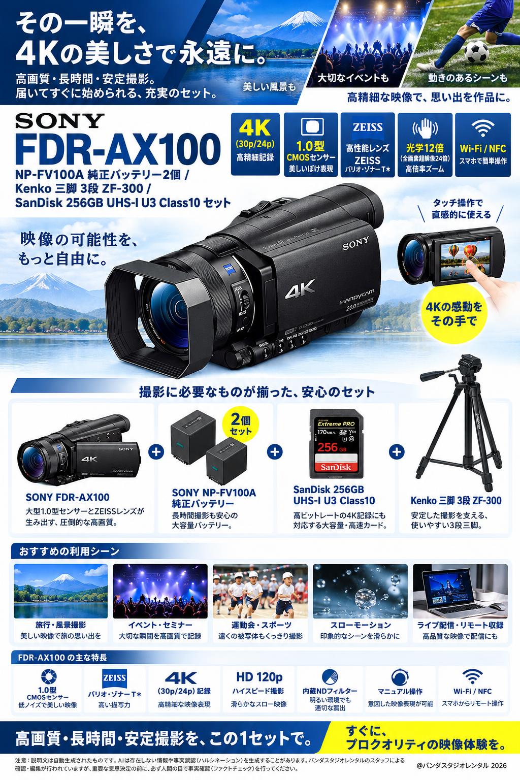 SONY FDR-AX100 / NP-FV100A 純正バッテリー2個 / Kenko 三脚 3段 ZF-300 / SanDisk 256GB UHS-I U3 Class10セット 概要