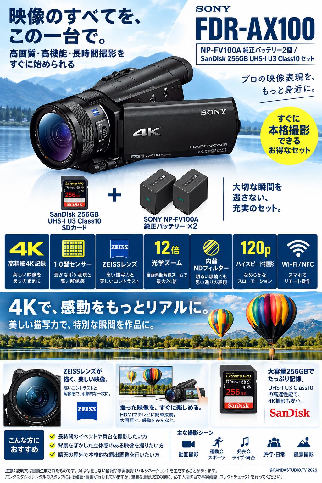SONY FDR-AX100 / NP-FV100A 純正バッテリー2個 / SanDisk 256GB UHS-I U3 Class10セット 概要