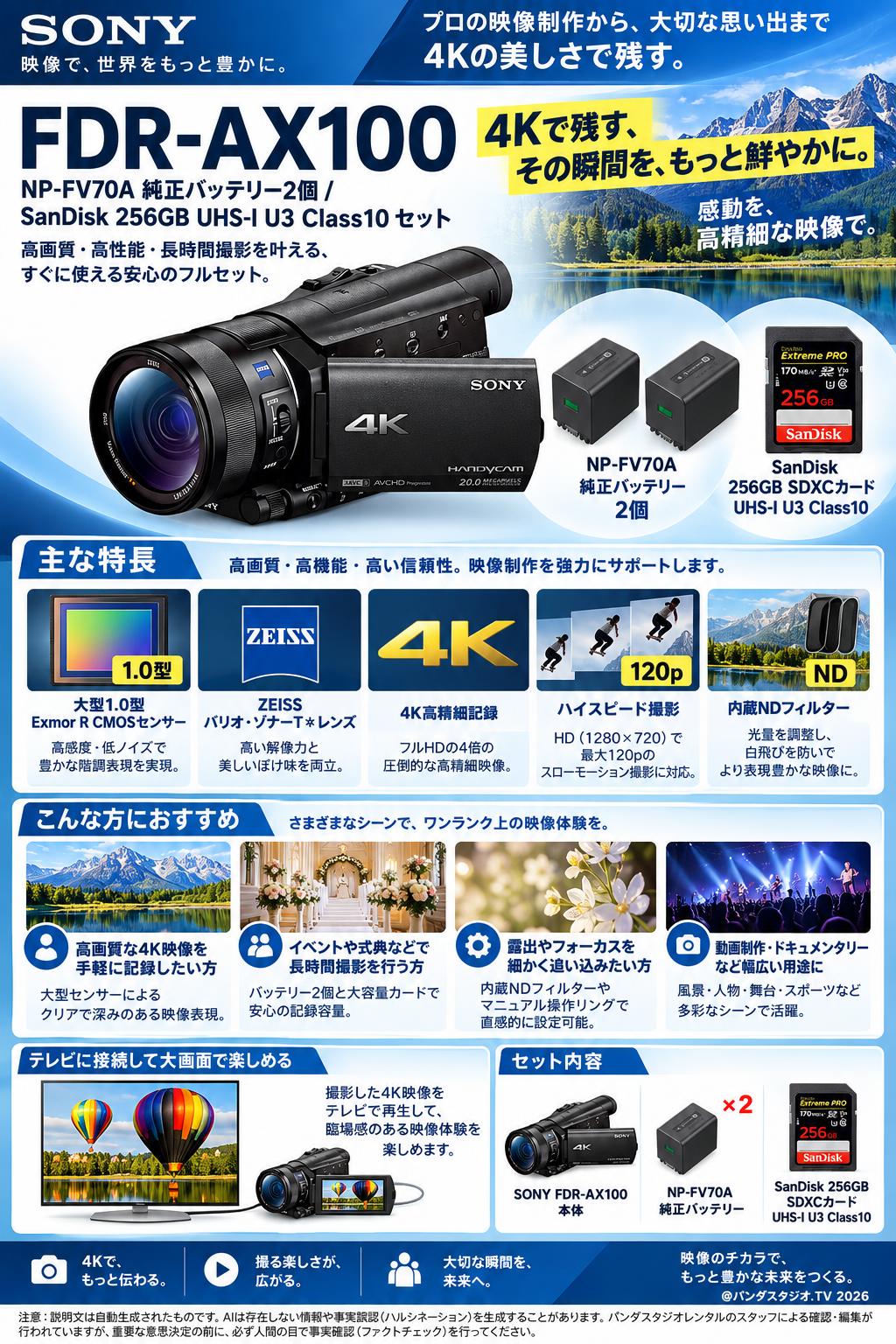 SONY FDR-AX100 / NP-FV70A 純正バッテリー2個 / SanDisk 256GB UHS-I U3 Class10セット 概要