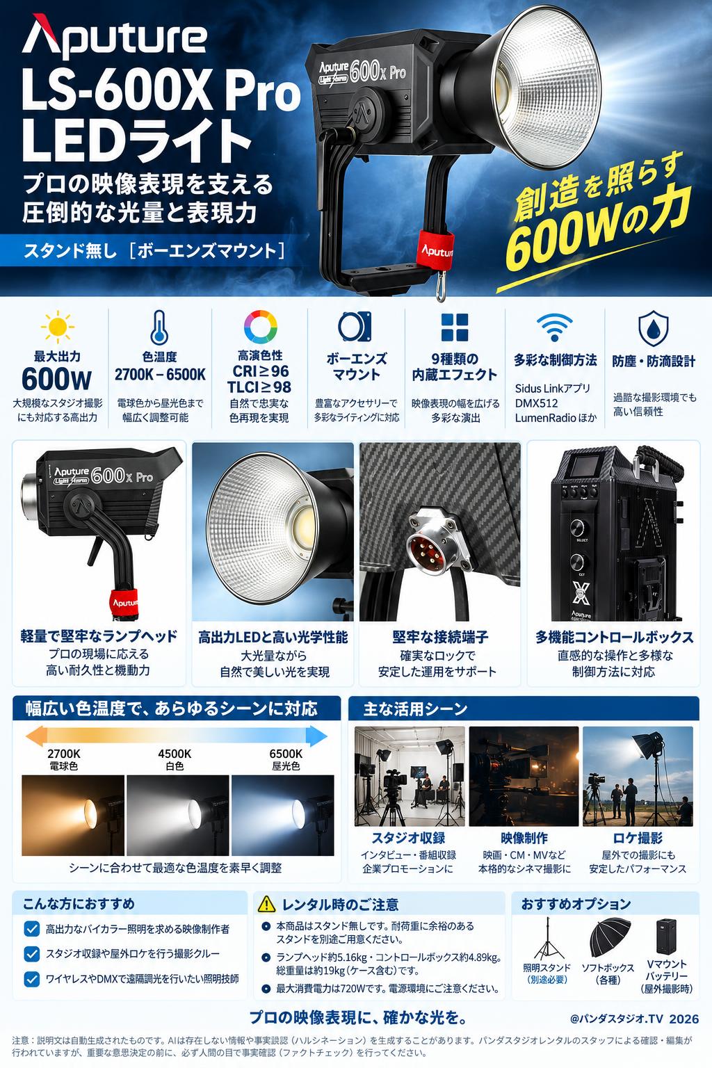 Aputure LS-600X Pro LEDライト (スタンド無し)[ボーエンズマウント] 概要