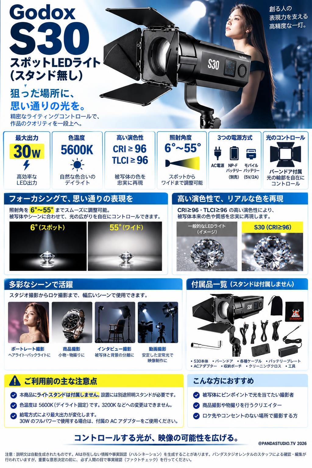 Godox S30 スポットLEDライト(スタンド無し) 概要