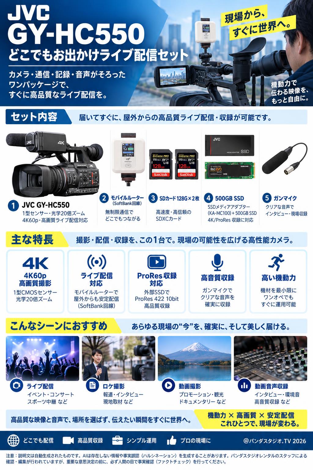 JVC GY-HC550 + モバイルルーター＋SDカード128G×2枚 + 500GBSSD + ガンマイク(どこでもお出かけライブ配信セット) 概要