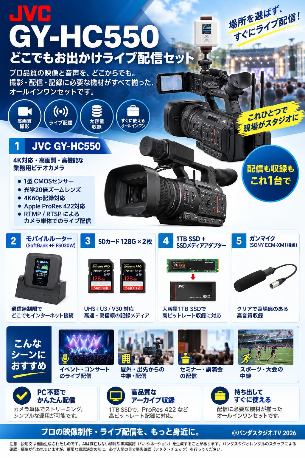 JVC GY-HC550 + モバイルルーター＋SDカード128G×2枚 + 1TBSSD + ガンマイク(どこでもお出かけライブ配信セット) 概要