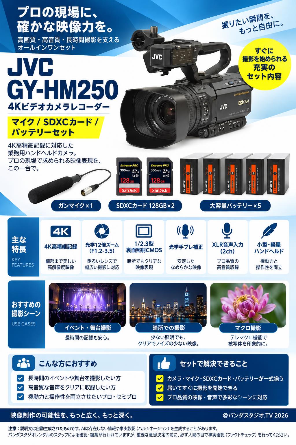 JVC 4K GY-HM250 / マイク / SDXCカード / バッテリーセット 概要