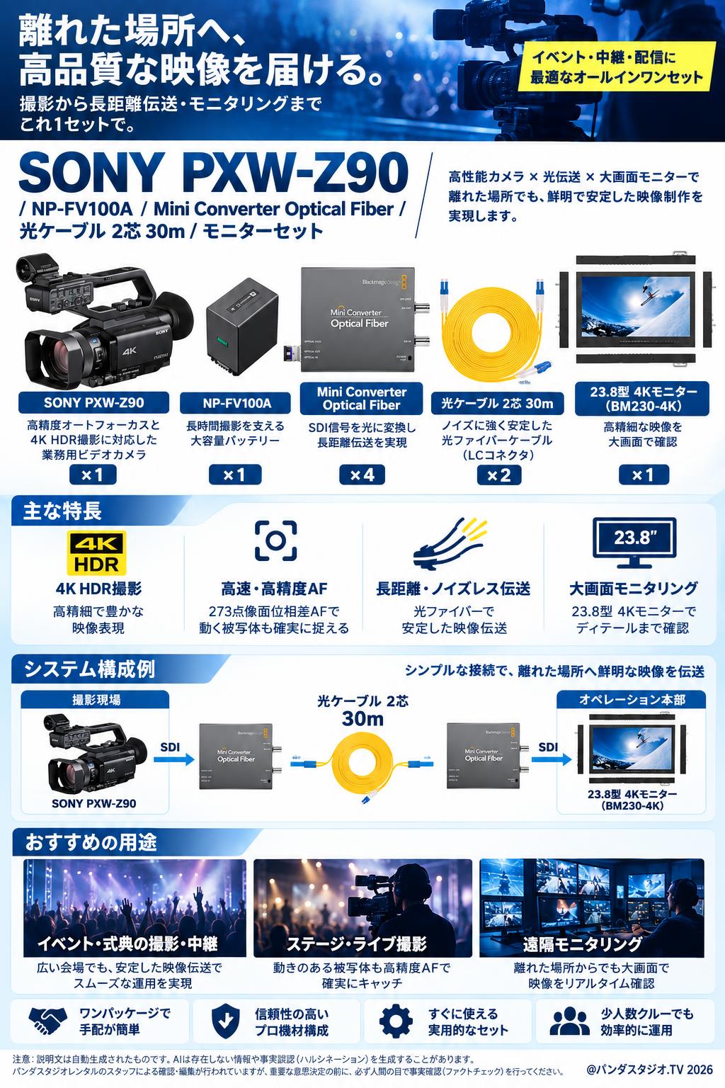 SONY PXW-Z90 /  NP-FV100A / Mini Converter Optical Fiber / 光ケーブル 2芯 30m / モニターセット 概要