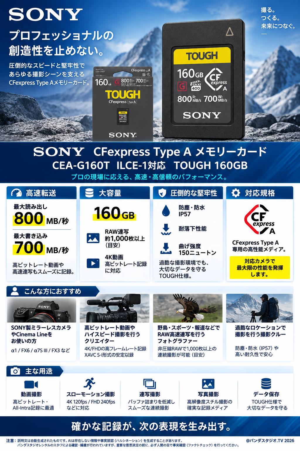 SONY CFexpress Type Aメモリーカード CEA-G160T ILCE-1対応 TOUGH 160GB 概要