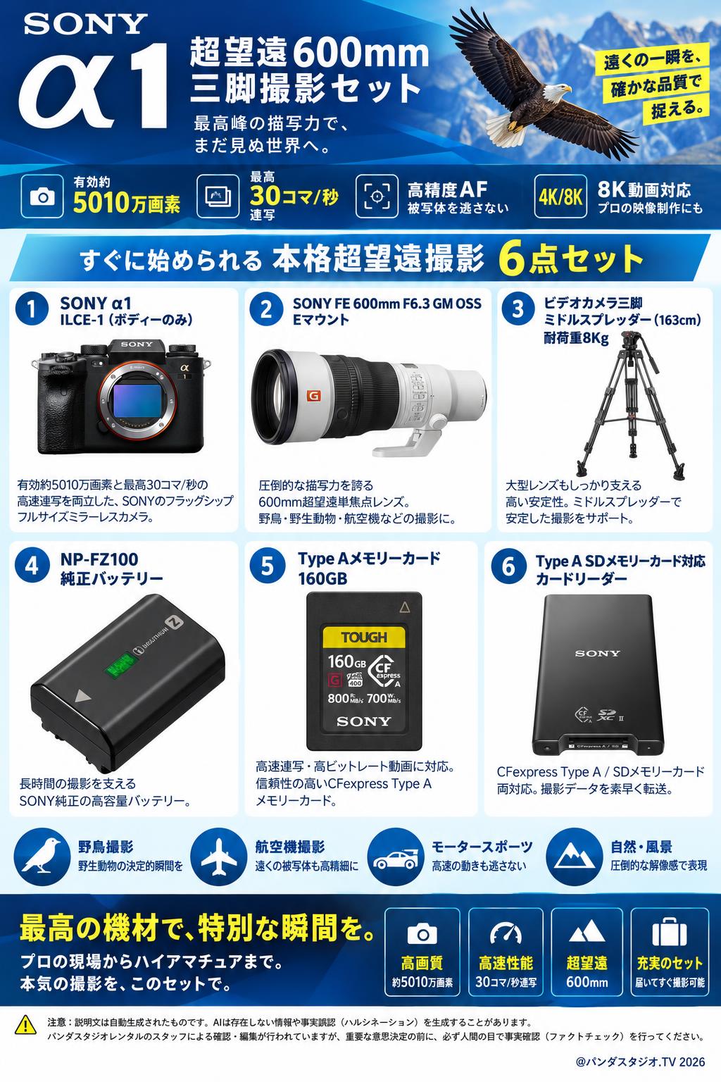 SONY α1 ILCE-1（ボディーのみ) / SONY FE 600mm F6.3 GM OSS Eマウント/ ビデオカメラ三脚 ミドルスプレッダー(163cm) 耐荷重8Kg /  NP-FZ100 純正バッテリー / Type Aメモリーカード160GB / Type A SDメモリーカード対応 カードリーダー  セット 概要
