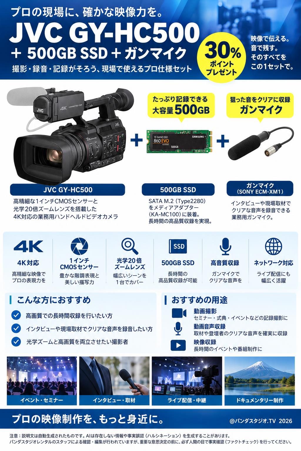JVC GY-HC500 + 500GBSSD + ガンマイク（30％ポイントプレゼント） 概要
