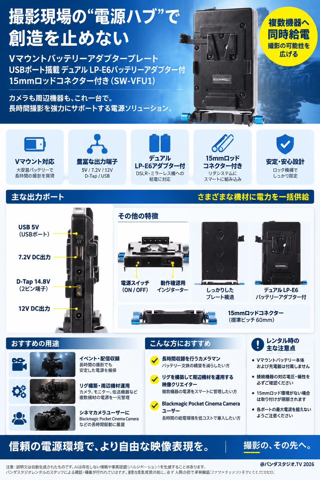 Vマウントバッテリーアダプタープレート USBポート搭載  デュアル LP-E6バッテリーアダプター付 15mmロッドコネクター付き(SW-VFU1) 概要
