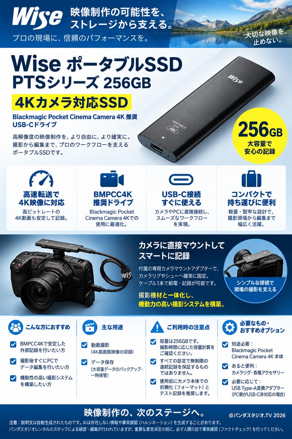 Wise ポータブルSSD PTSシリーズ 256GB 4Kカメラ対応SSD （Blackmagic Pocket Cinema Camera 4K推奨 USB-Cドライブ） 概要