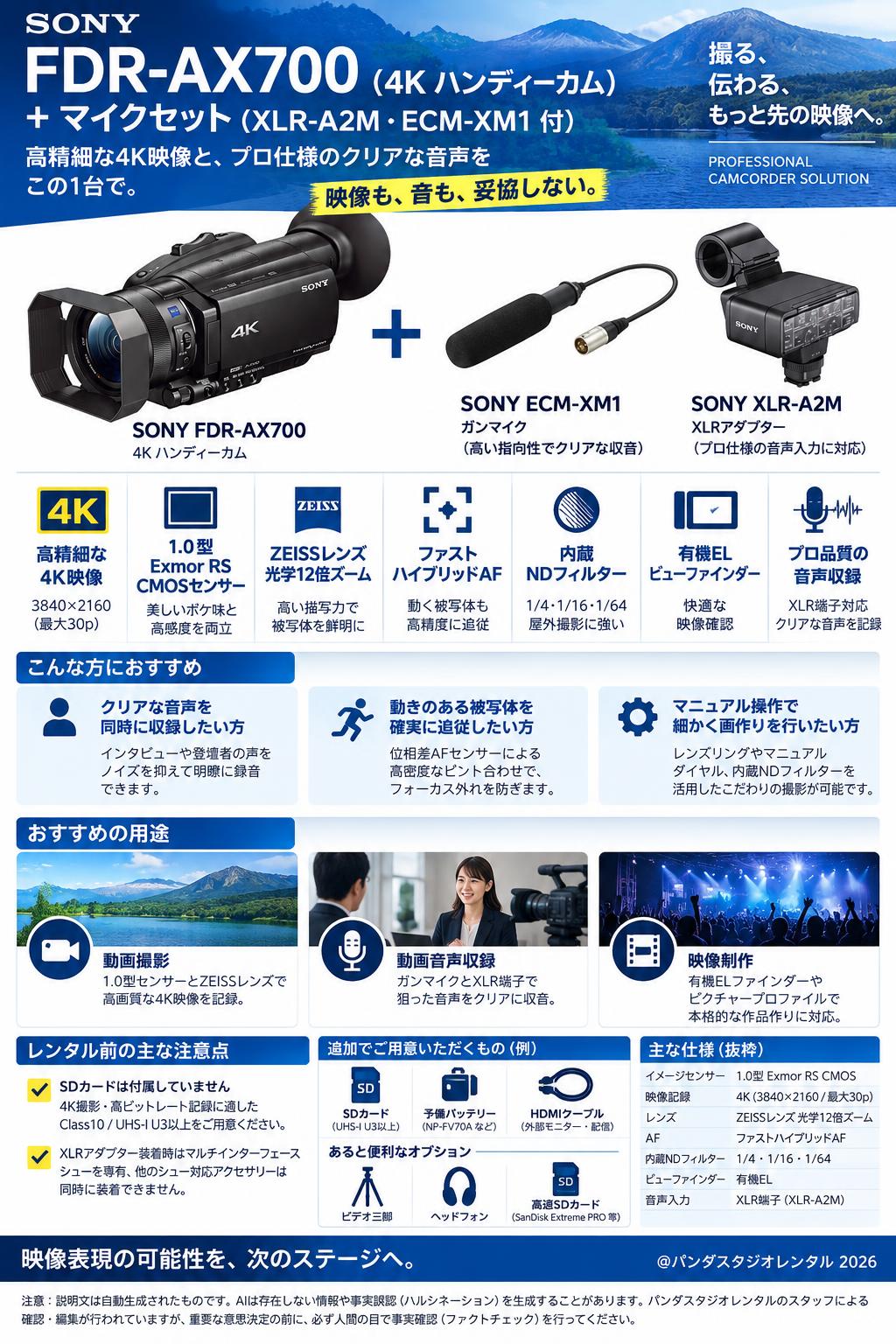 SONY  FDR-AX700  (4K ハンディーカム) ＋ マイクセット（XLR-A2M・ ECM-XM1 付） 概要