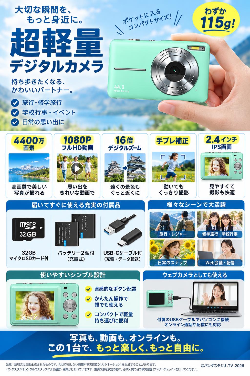 超軽量デジタルカメラ【32GBマイクロSDカード付　バッテリー 2個付】【4400万画素 HD 1080P 手ブレ補正 軽量 携帯便利 2.4インチIPS画面】 概要