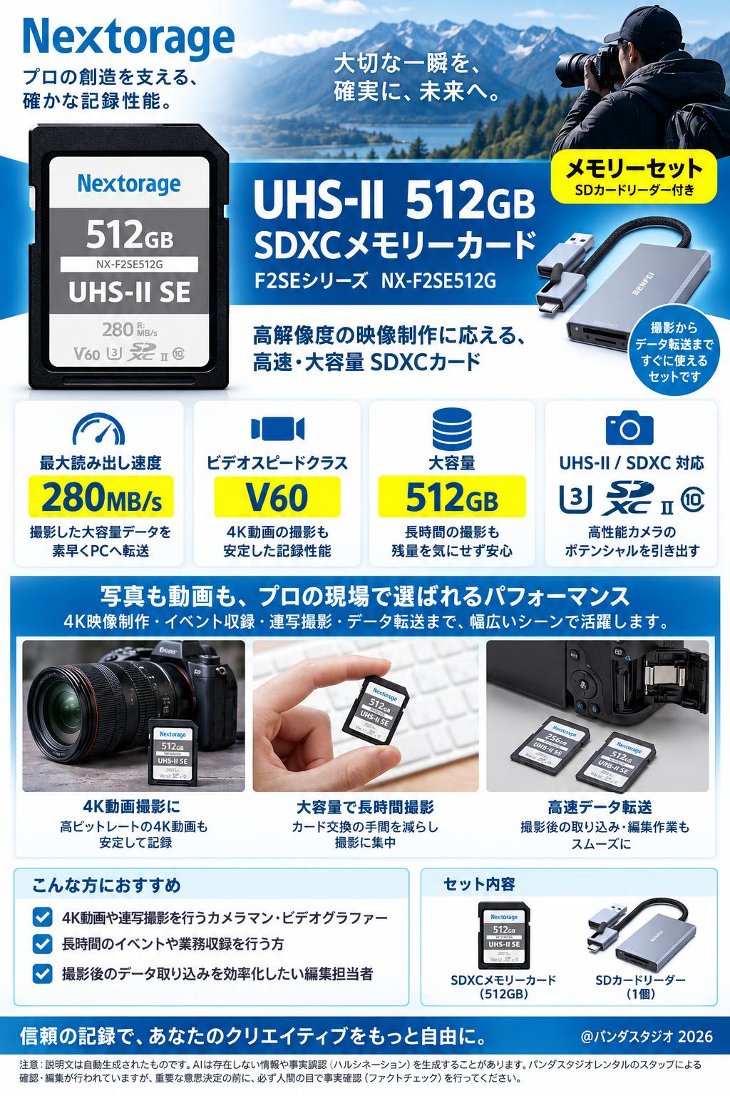 【メモリーセット UHS-Ⅱ 512GB】Nextorage 512GB UHS-II V60 SDXCメモリーカード F2SEシリーズ 4K 最大読み出し速度280MB/s NX-F2SE512G 概要