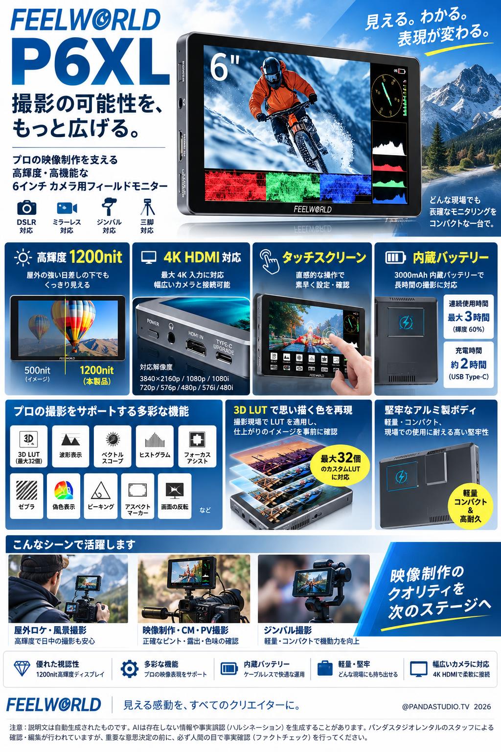 FFEELWORLD P6XL 6インチ カメラ用フィールドモニター 1200nit高輝度 4K HDMI対応 /タッチスクリーン 内蔵バッテリー搭載 概要