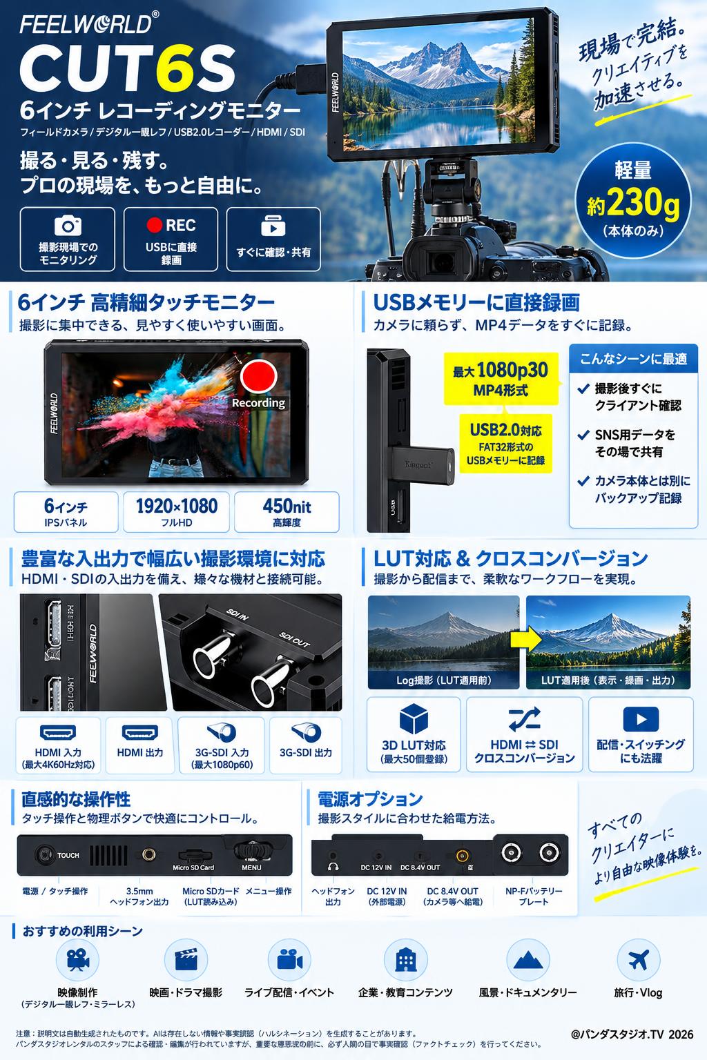 FEELWORLD CUT6S 6インチレコーディングモニター フィールドカメラ デジタル一眼レフ USB2.0レコーダー /HDMI SDI 入力 概要