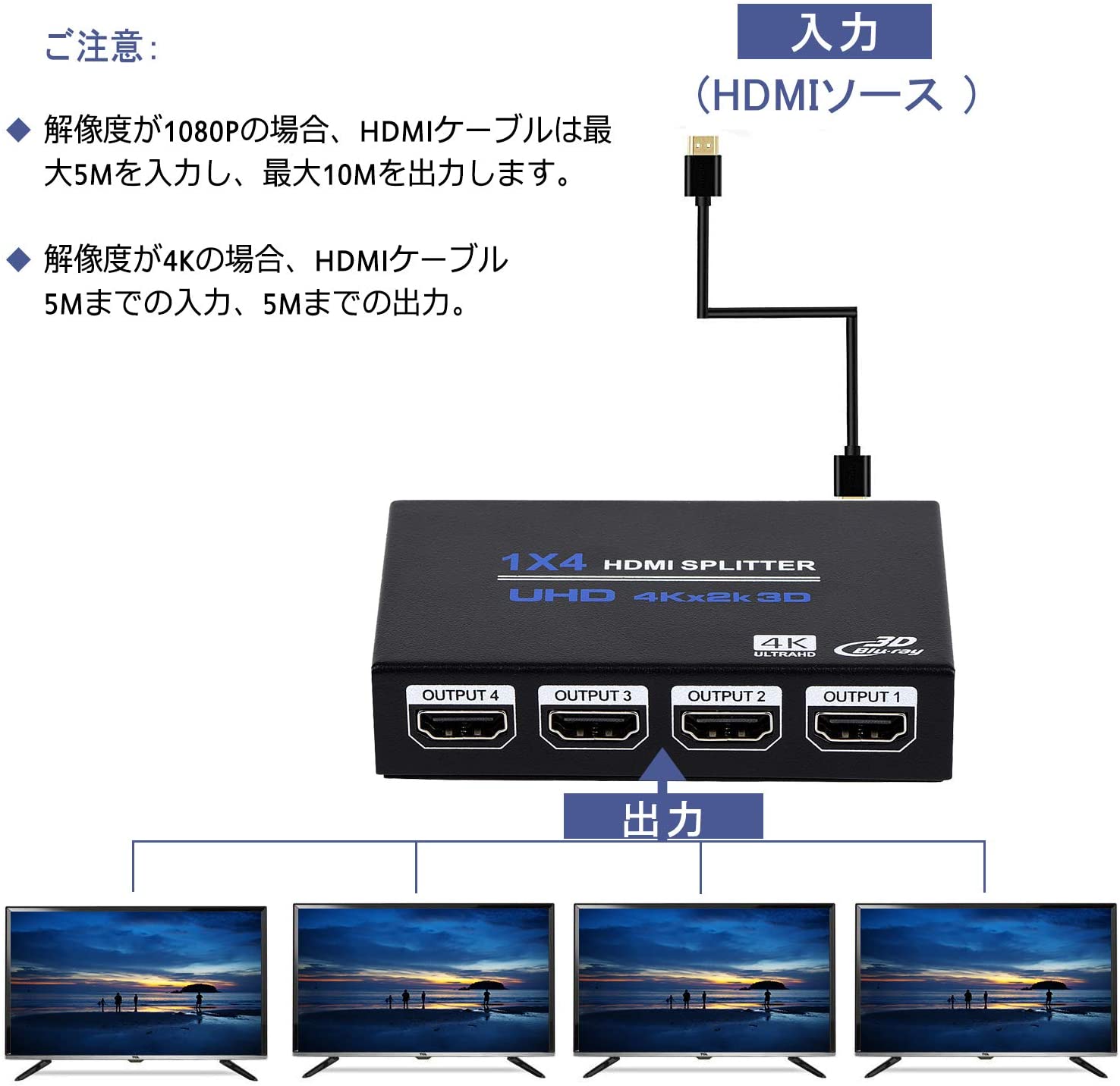 HDMIスプリッター 1入力4出力 HDMI分配器（4K30P対応） パンダスタジオ・レンタル公式サイト