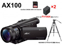 SONY FDR-AX100 / NP-FV100A 純正バッテリー2個 / NEEWER ビデオカメラ三脚 (155cm) / SanDisk 256GB UHS-I U3 Class10セット