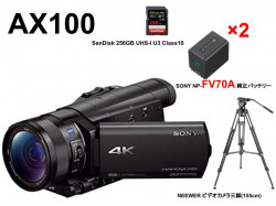 SONY FDR-AX100 / NP-FV70A 純正バッテリー2個 / NEEWER ビデオカメラ三脚 (155cm) / SanDisk 256GB UHS-I U3 Class10セット