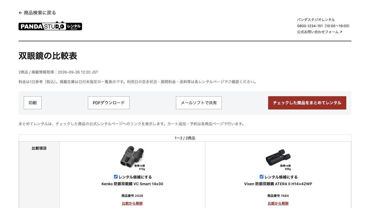双眼鏡2商品の比較画面と印刷・PDF・メール共有の操作欄