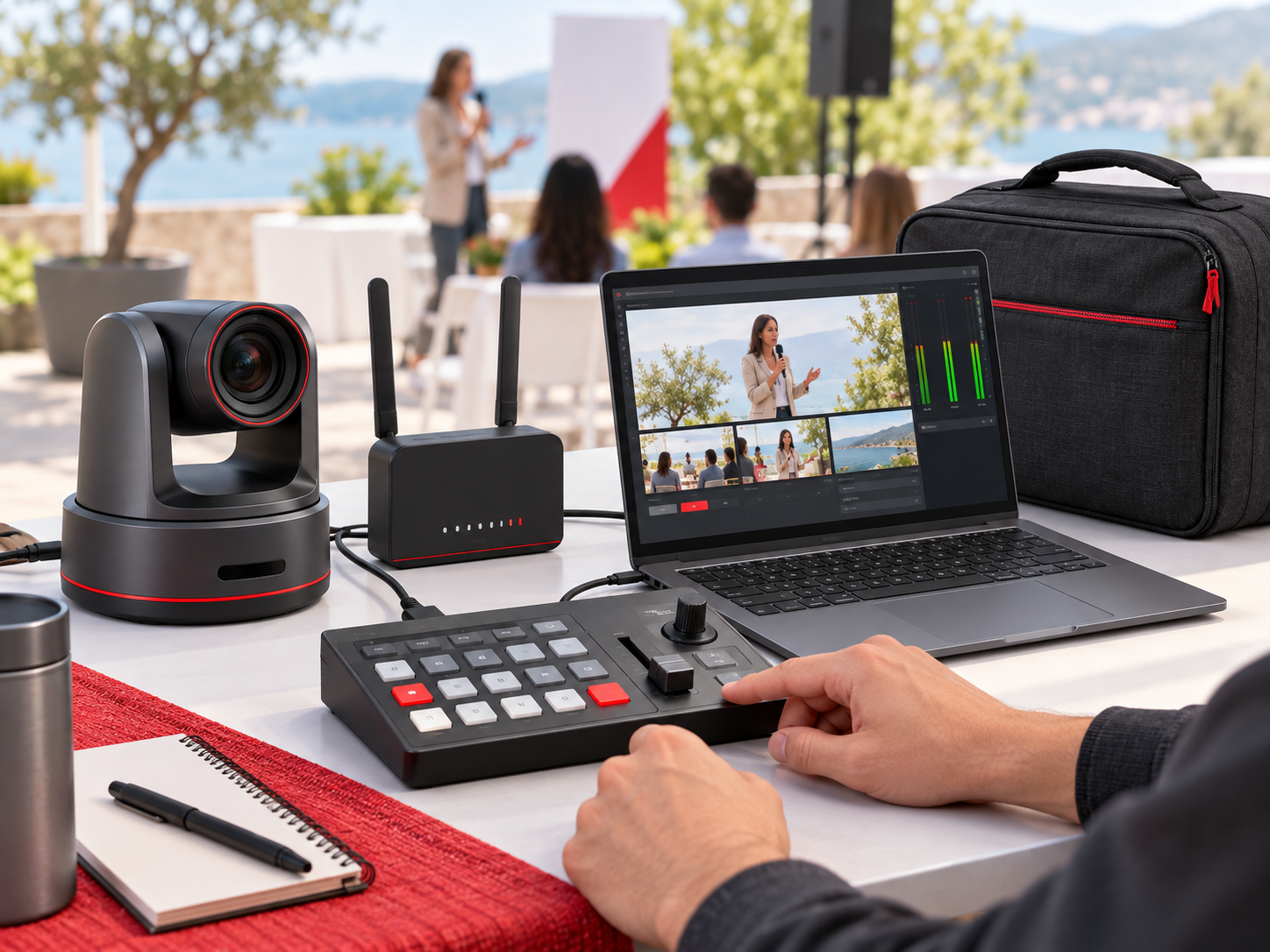 小型PTZカメラとモバイルルーターを使った出張ライブ配信イメージ